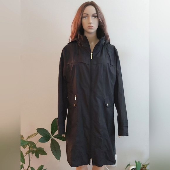 Cole Haan black hooded long trench rain coat - Picture 1 of 15